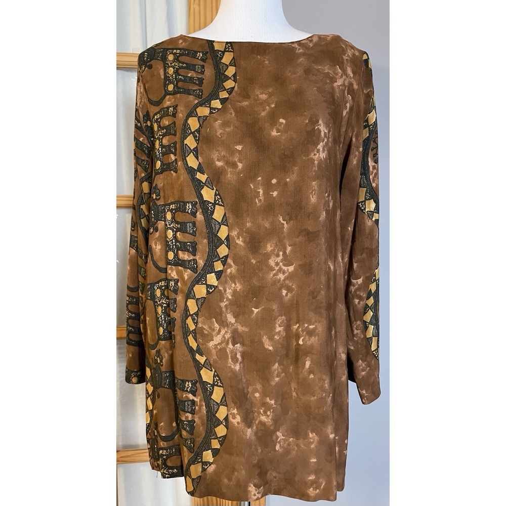 Vtg 70s Tribal Pullover Tunic Top Women's 10 Brown Animal Print Safari USA Made
